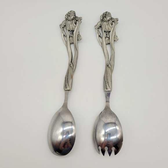 NIB Vintage 1994 Seagull Pewter Canada Sheffield England Iris Salad Serving Set - Picture 9 of 11